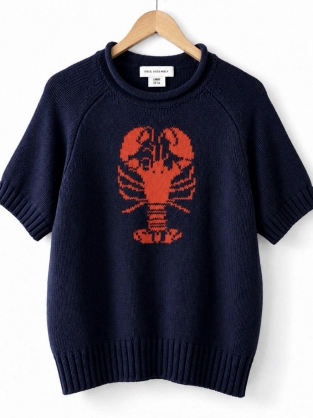 Navy Short-Sleeve Sweater with Red Lobster Motif